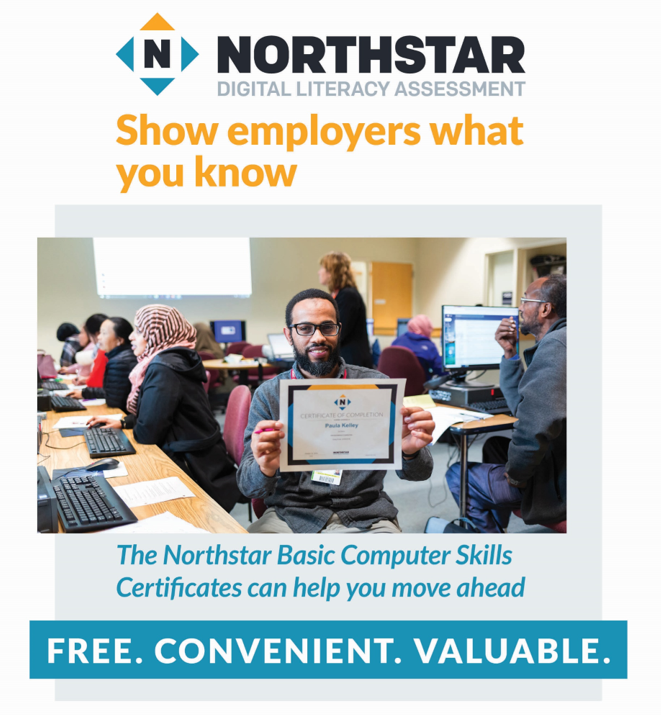 picture of a man holding a Northstar Digital Literacy Assessment certificate
